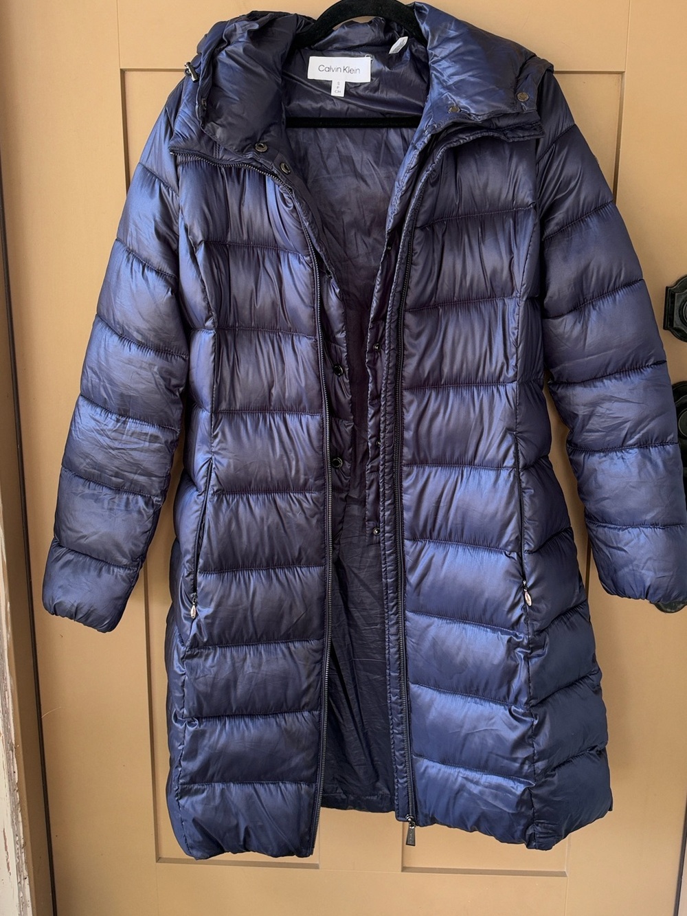 Calvin Klein Women's S Dark Navy Quilted Long Puffer Coat with Hood